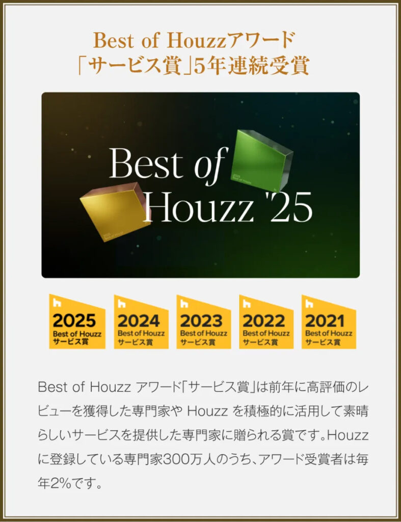 Houzzアワード サービス賞受賞